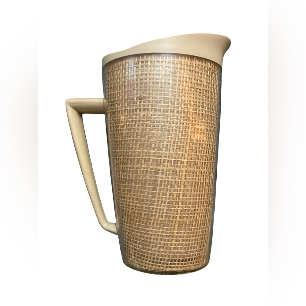 Vintage MCM Raffiaware Insulated Plastic Pitcher Woven Rattan-Style Holds 32 Oz.
